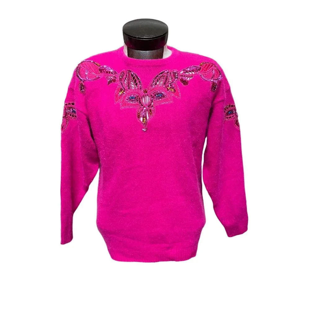 I.B. Diffusion Vintage Pink Embroidered Beaded Silk‎ Sweatshirt Sweater Size LG